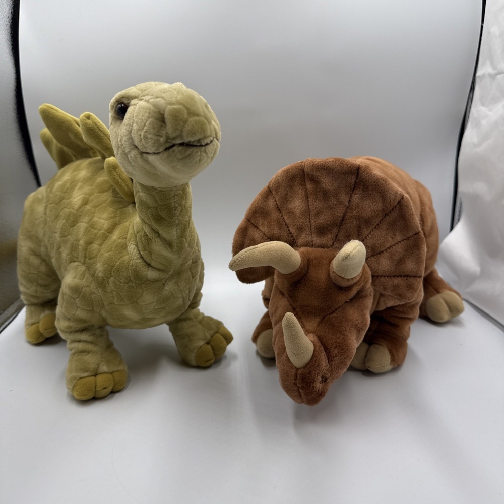 Vintage 1980 Dakin Brown Triceratops Dinosaur  And  Green Stegosaurus